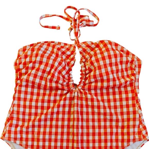 Wild Fable Red Gingham Halter Neck High Leg One Piece Swimsuit XL - Picture 4 of 16